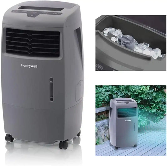 Honeywell 500 CFM Indoor or Outdoor Portable Evaporative Cooler, Fan, and Humidifier for Living Room, Patio, Garage, Deck, and Bedroom, 115V, Swamp Cooler for Rooms up to 300 Sq. Ft. with Remote, Gray